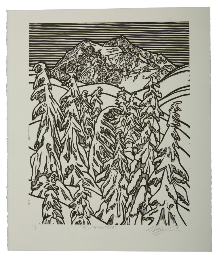 Mt. Shuksan Trees — Woodcut Print