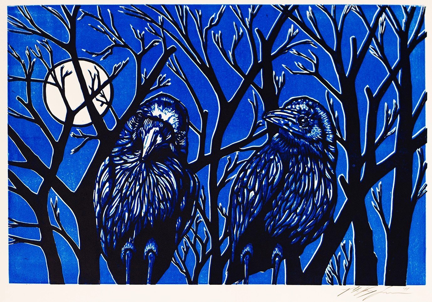 Moonlight Ravens — Woodcut Print